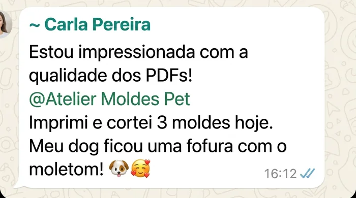 Depoimento WhatsApp Carla Pereira: qualidade dos PDFs, dog ficou uma fofura