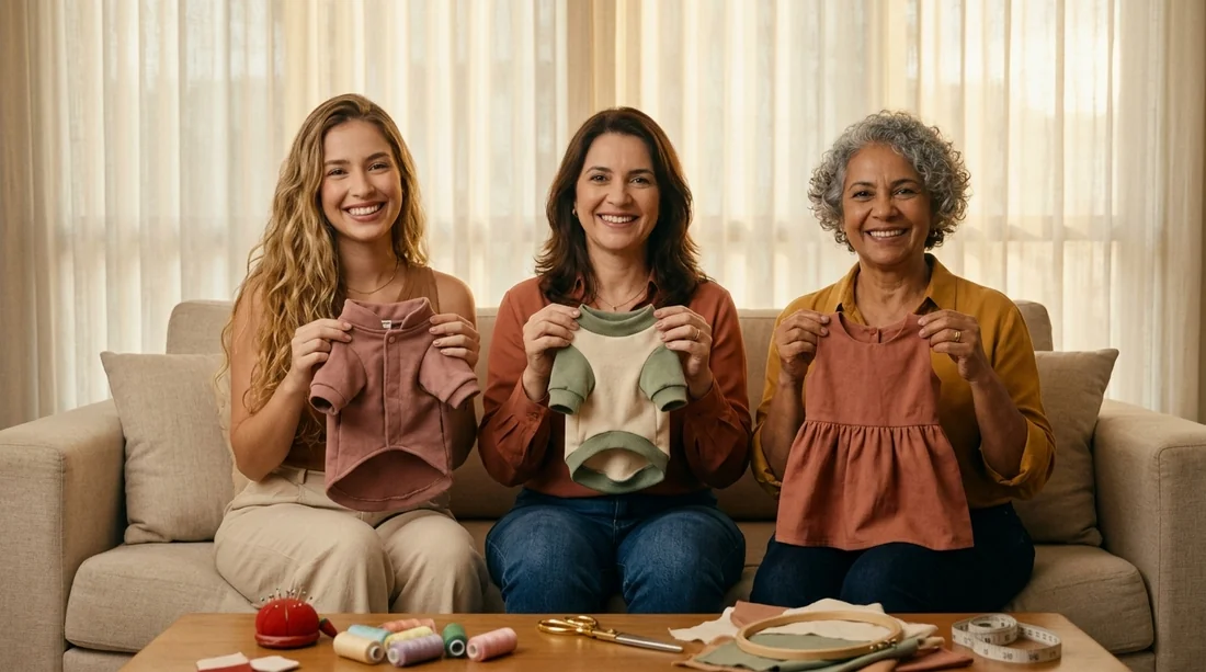 Três mulheres no sofá segurando peças pet feitas com os moldes do pacote